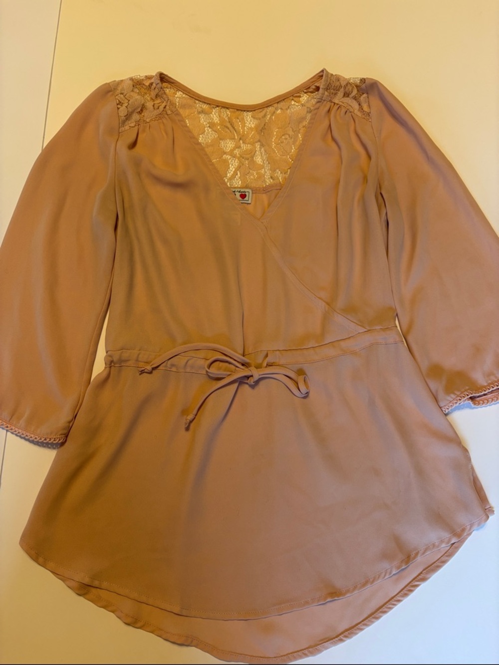 Three Hearts Mauve Lace Trim Wrap Blouse